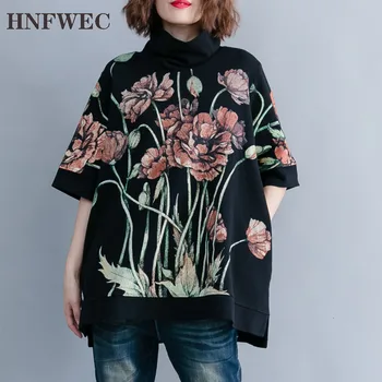 

2019 Fashion Large Size Women's Autumn New Loose Comfortable High Collar Sleeve Printed Cotton Sweater F622