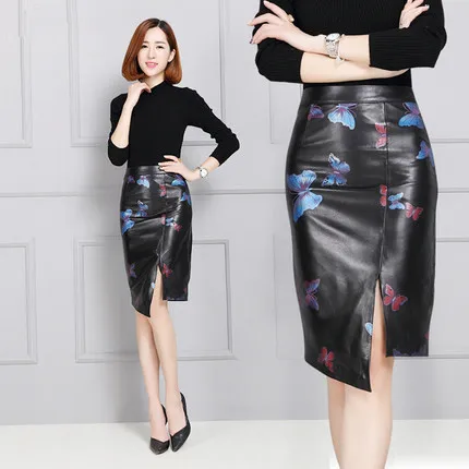 Натуральная кожа длинная юбка с принтом K143