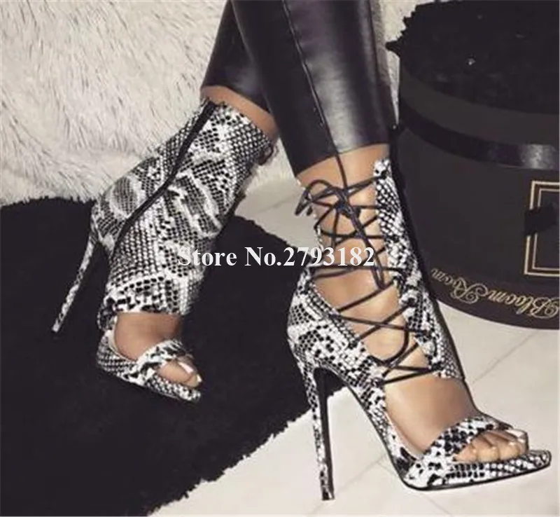 

Women New Fashion Open Toe Snake Leather Stiletto Heel Gladiator Sandals Cut-out Lace-up High Heel Sandals Dress Heels Shoes