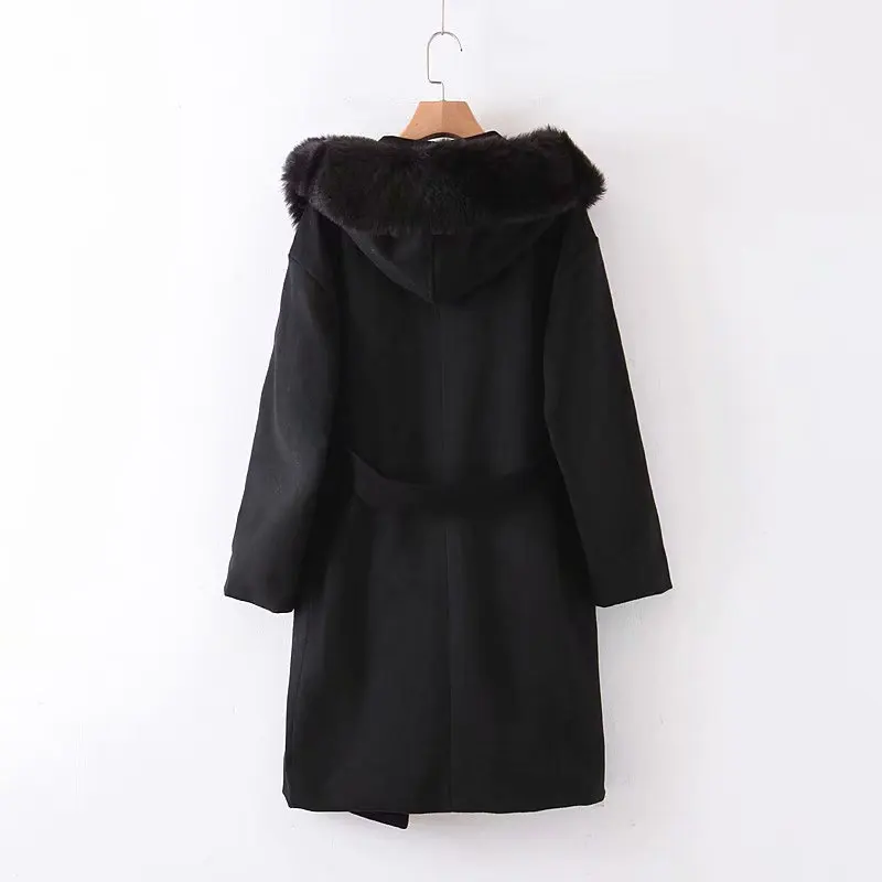 Za новинка осень зима пальто женское большой меховой воротник шерстяное пальто модные черные куртки с длинным рукавом с поясом куртка со шнуровкой