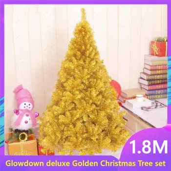 

Ready stock luminescent 1.8m luxury Golden Christmas tree set LED lights red decorated Christmas tree