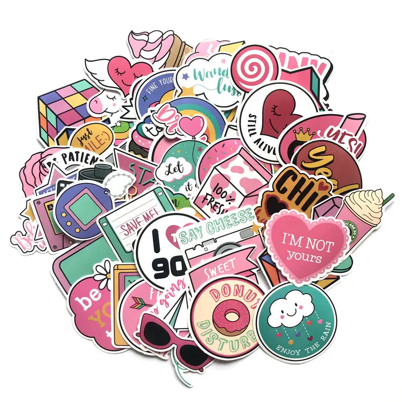 60Pcs Pink Sticker Vinyl Pop Cute Stickers for Laptop Skateboard Bike Luggage PS4 Party Favors for Teenage Girls Graffiti Decal Waterproof