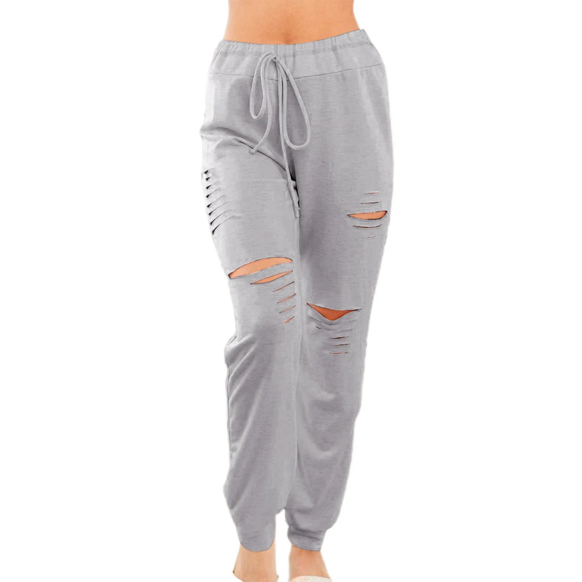 

2020 Women Casual Lounge Gray Pants Soft Cutout Ripped Hole Joggers Drawstring Trousers Female Cotton Workout Sweatpants