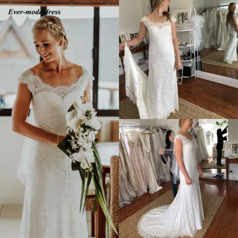 2019 летние кружевные Оболочка Boho свадебный наряд с круглым вырезом и короткими рукавами страна Сад Свадебные платья развертки поезд