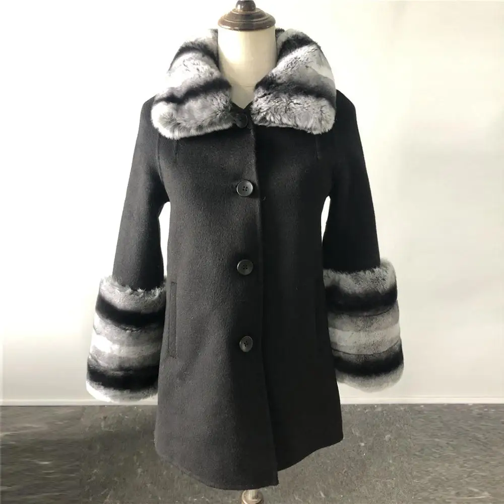 Women's Winter Cashmere Coat Warm Thick Real Rabbit Fur Collar Sleeves Gradient Color Matching Mid-length Luxury Woman Coat