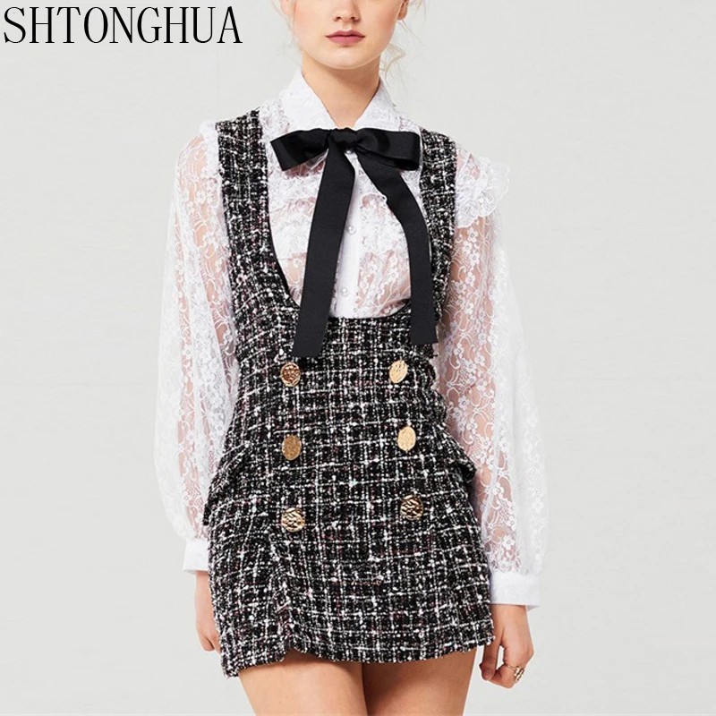 

2019 Autumn Winter 2 Piece Set Dress Women Ruffles Bow Shirt Lace Top+Plaid Sleeveless Tweed Vest Dress Double Breasted Overalls