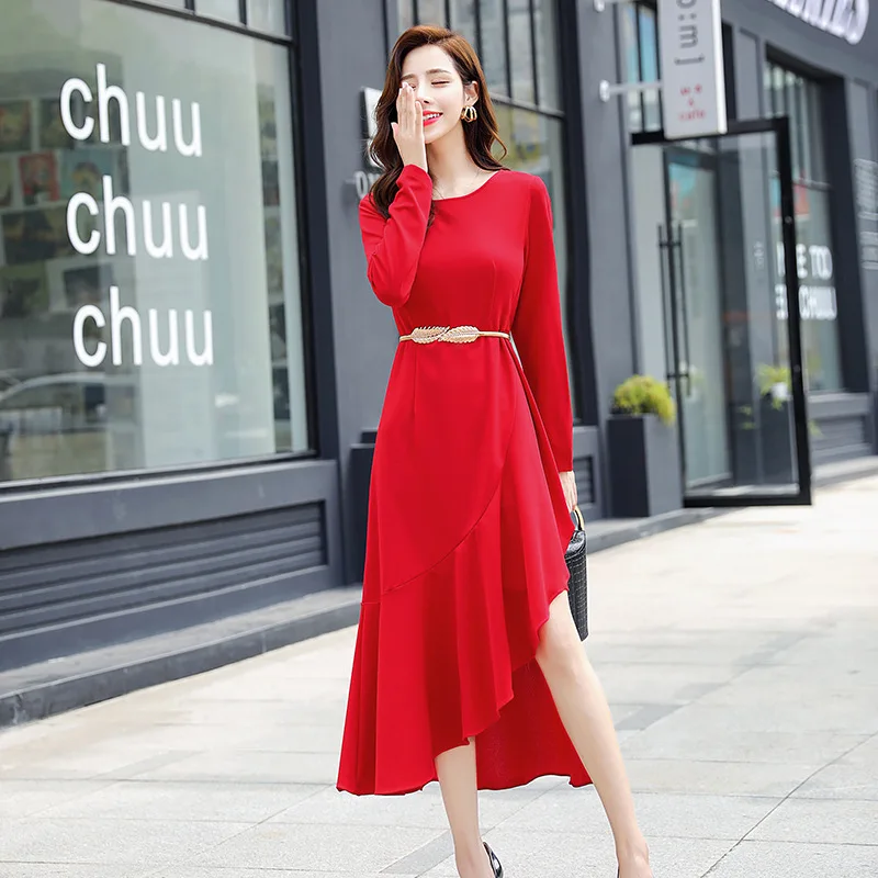 

Dress Crew Neck Long Sleeve Fashion Solid Color Korean-style Mid-length Waist Hugging 2019 Autumn