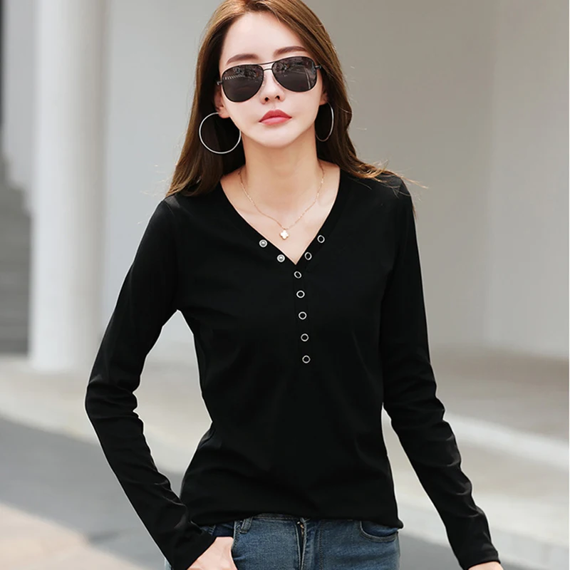 GGRIGH/Осенняя футболка с v-образным вырезом для женщин, Camisetas Mujer, хлопковые женские тонкие свитеры с пуговицами, футболка с длинными рукавами, Женская Корейская одежда