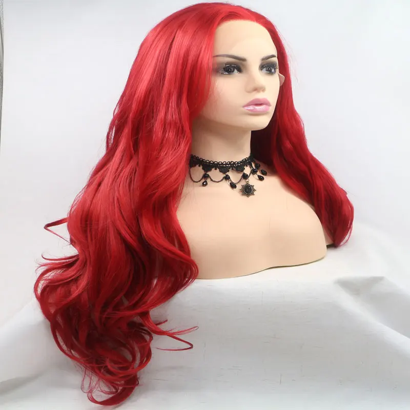 Beautiful Girl Red Natural Wave Synthetic Lace Front Wig Glueless Heat Resistant Fiber Hair Natural Hairline For Black Women Wig