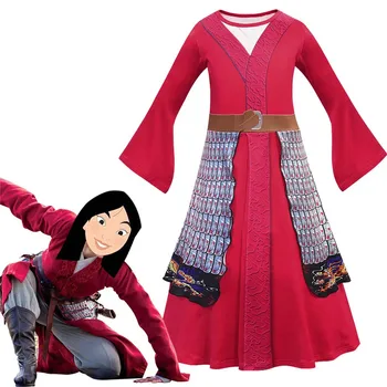 

Girls Hua Mulan Cosplay Dress Party Halloween Show Costume Set Mulan Red Long Dresses for Kids