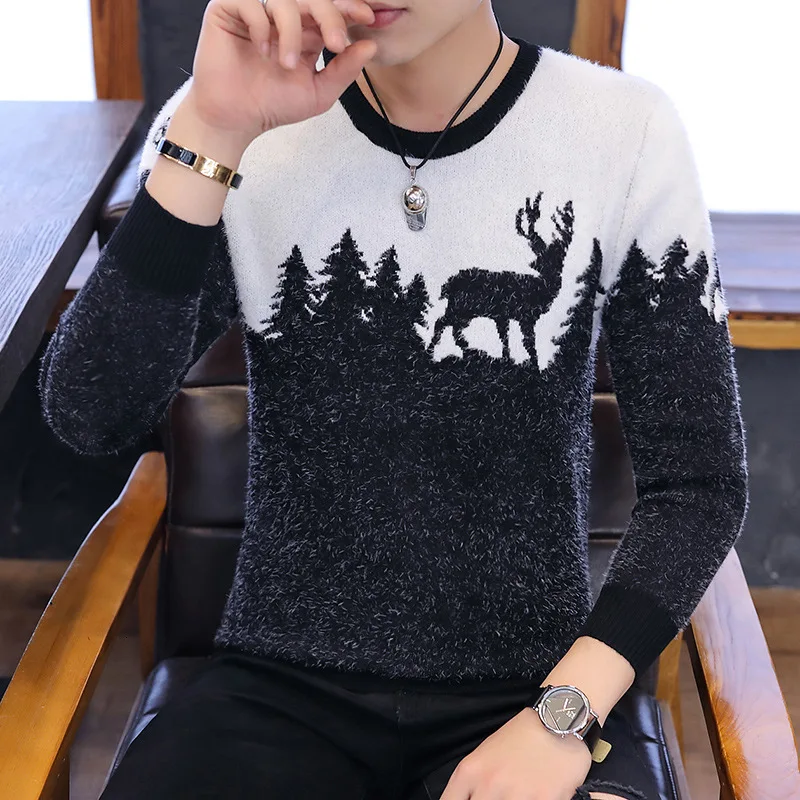 Осенний корейский модный свитер для мужчин и женщин, Sika с рисунком оленя, повседневные трикотажные пуловеры, облегающие, рождественский подарок, мужской свитер