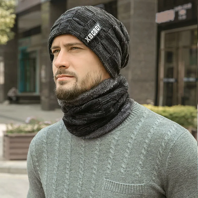 Зимняя шапка, комплект, головной убор, комбинезон, плюс бархатная Толстая шерстяная шапка, Мужская Европейская и американская осенняя и зимняя мужская вязаная шапка - Цвет: Z006-Dark-grey