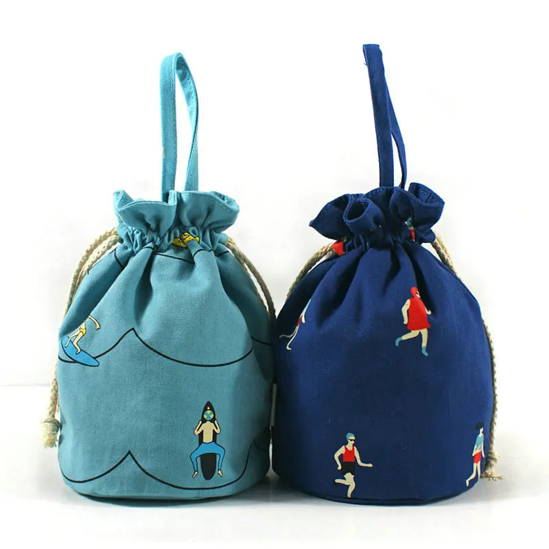

Cartoon Canvas Change Pocket Printed Drawstring Phone Bag Korean-style Hand Key Storage Bag Bento Box Bag
