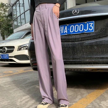 

Casual Pants Women Trendy Vintage Purple All-match Loose Summer Chic Lady Full Length Pant Office Pockets Button Femme Trousers