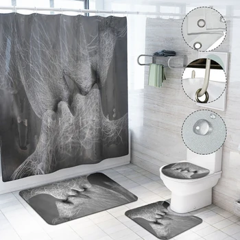 

Nordic style bath blackout curtain creative print shower curtain ground mat toilet anti-skid suction carpet four-piece suit