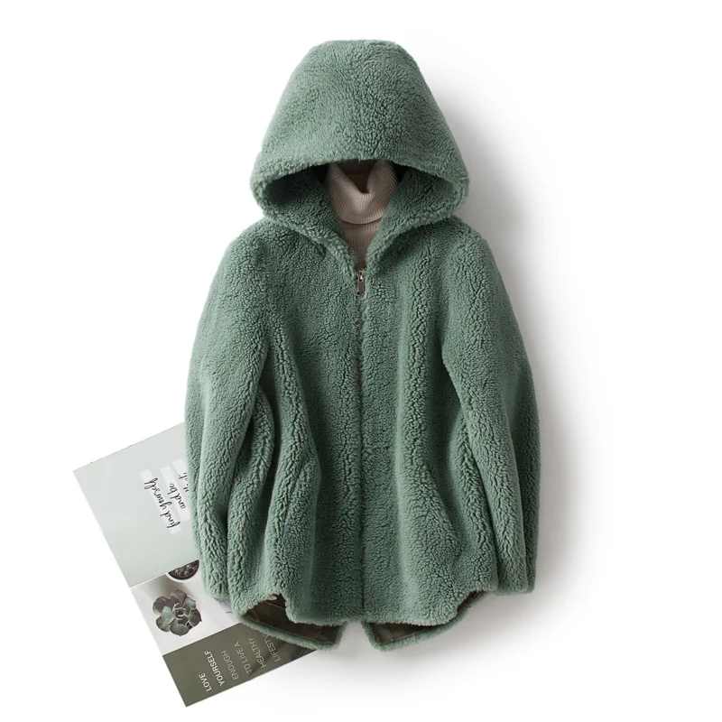 light green Новинка natuarl, овечья шерсть, пальто для женщин, настоящая овечья стрижка, меховая куртка с большой шапкой, новая мода, одно меховое пальто размера плюс, F1205 - Цвет: light green