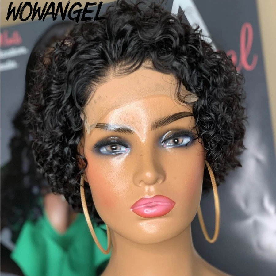 Perucas da Parte Dianteira do Laço Corte sem Corte Perucas de Renda Frente do Laço Perucas de Cabelo Onda de Água Fechamento do Laço Pixie Corte Preplucked Curto Humano Encaracolado Perucas Bob 6 cut bob lace wigs curto renda frente