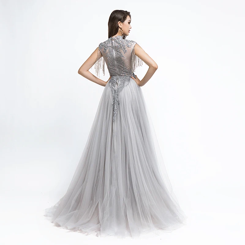 Новое поступление, платья с высоким воротом в стиле знаменитостей, роскошное серое женское вечернее платье с бисером, Прямая поставка L5486