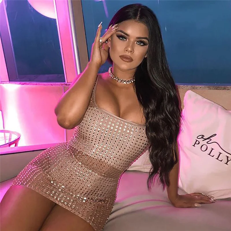 

See Through Mini Dress Women Square Collar Sexy Low Cut Shiny Diamante Bodycon Mini Dresses Night Club Lady Chic Hot Vestido