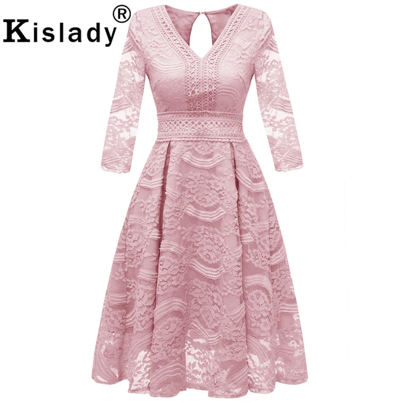 

2019 Autumn Winter Female Lace Patchwork Vintage Dress V-Neck Sexy Transparent Swing Party Dress Bridesmaid Christmas Robe Femme