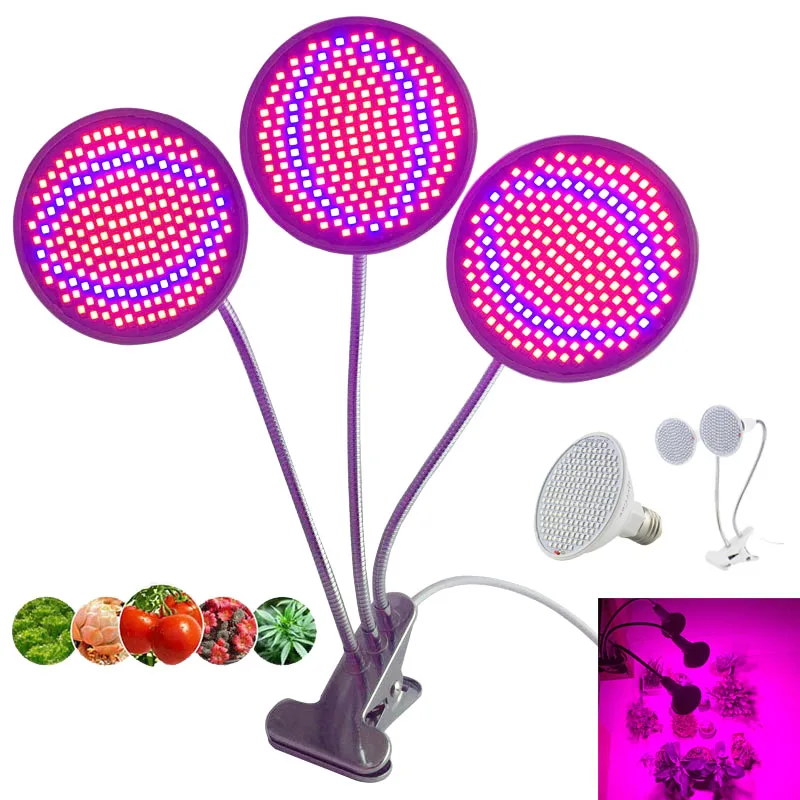 

3-head 200 LED Plant Grow Light Bulb for Lamp Room Dual Flower tent Indoor Clip hydro growbox Veg E27 red blue greenhouse