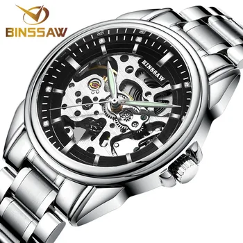 

BINSSAW Men Original Luxury Brand New Watch Fashion Leather Automatic Mechanical Hollow Business Gold Relogio Masculino