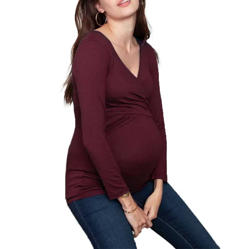 V neck-wine red Одежда для беременных кормящих женщин Сплошной круглый воротник кормящих топ с длинным рукавом Одежда для кормления грудью беременность футболка - Цвет: V neck-wine red