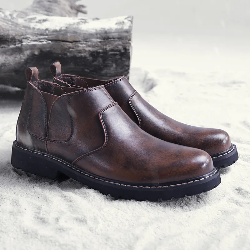 

Winter MEN'S SHOES Cotton Boots Hight-top Retro Cowhide Surface Sleeve Brushed And Thick Warm Leather Boot Short Boots Chelsea B