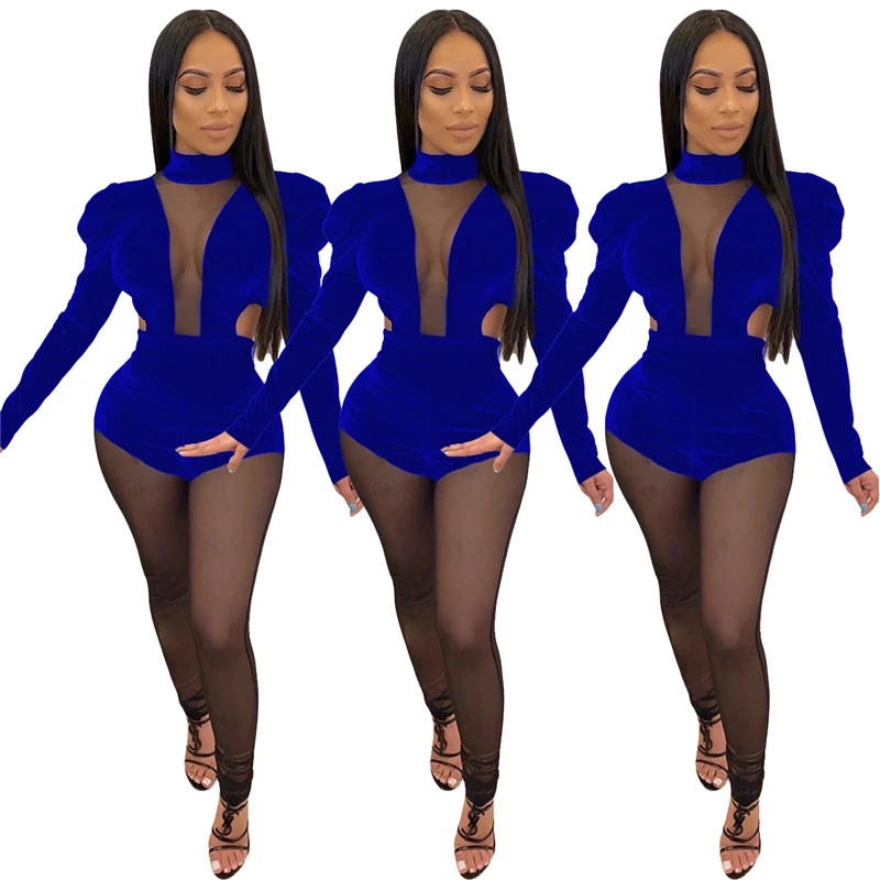 Adogirl, женский сексуальный бархатный комбинезон из прозрачной сетки в стиле пэтчворк, водолазка с длинным рукавом, Облегающий комбинезон, Комбинезоны для ночного клуба, Рождество - Цвет: blue jumpsuit