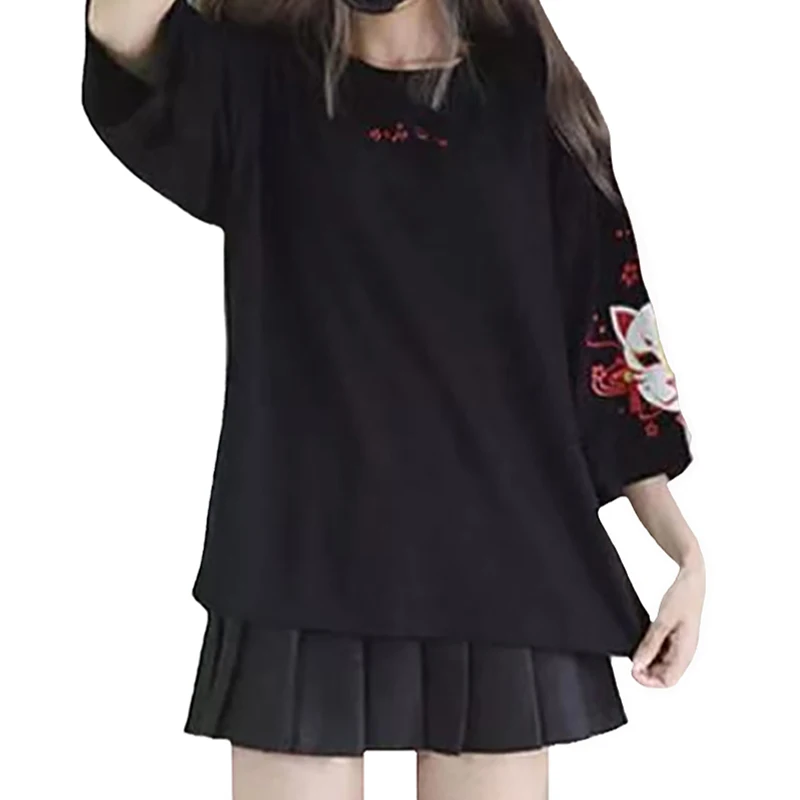 Japanese Harajuku женские футболки Винтаж принт Черная футболка сзади короткий рукав леди топы свободные футболки для девочек
