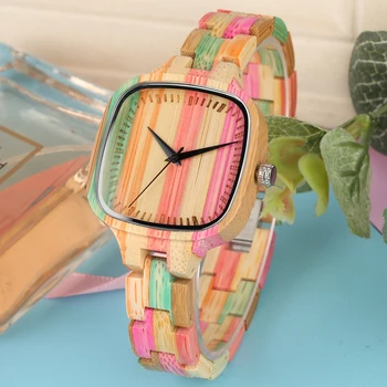 

Women Wood Watch Colorful Bamboo Watches Fashion Wooden Wristwatch Unique Square Dial Quartz Movement reloj montre en bois