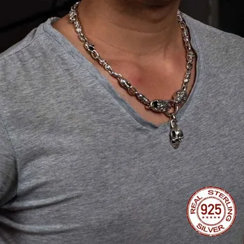 شراءقلادة مصنوعة يدويا من أسد اللون الفضي سلسلة سميكة وقلادة جمجمة 100% 925 فضة استرليني اللون قلادة قلادة مجوهرات