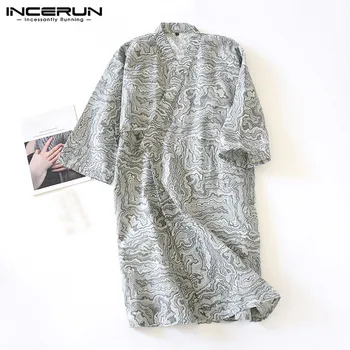 

INCERUN Vintage Men Robes Half Sleeve Printed Sleepwear Casual Japanese Kimono V Neck Lace Up Homewear Mens Cozy Bathrobes 2020