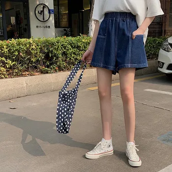 

women's denim shorts 2020 preppy style high elastic waist female casual summer pocket ladies shorts jeans for women (F6630)