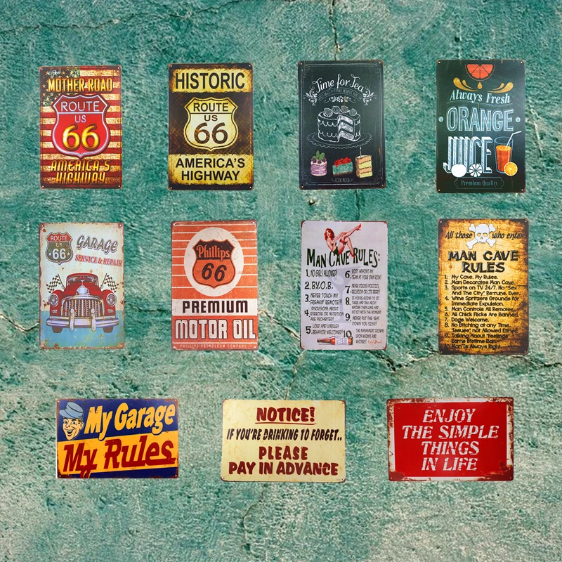 

MY Garage Route 66 Poster Vintage Tin Plaques Man cave Rules Coffee Cafe Drinking Garage Pub Bar Home Wall Decor