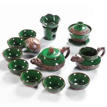 

Embossed Ice Cracked Tea Set Complete set of Ice Cracked Glaze Ceramic Kung Fu Tea Set Dragon and Phoenix Lotus Bowl