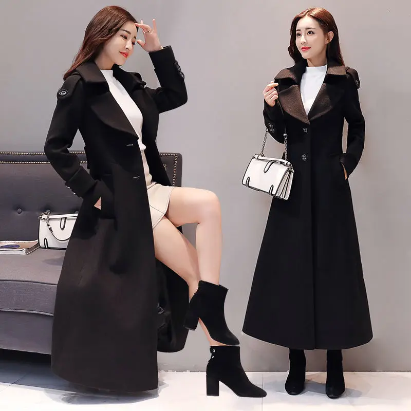 Women's Long Woolen Coat  2023 Spring Autumn New Korean Waist  Slimming Over-Knee Thick Keep Warm Woolen Coat Lady Overcoat W2