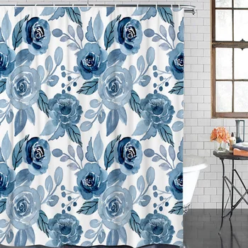 

Indigo Watercolor Rose Waterproof Polyester Fabric Shower Curtain Home Decoration Bathroom Shower Curtain with hook