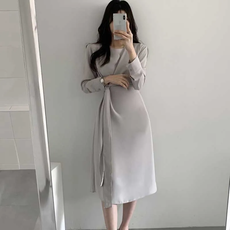 2020 Elegant One-Piece Women Long Sleeve Dress Spring Autumn Fashion Korean Vintage Bandage Waist Dress Ladies Office Dresses