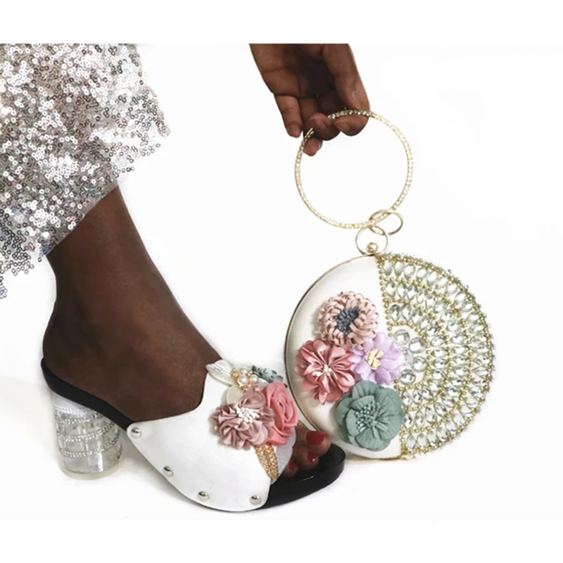 Latest Design Nigerian Wome Party Shoes with Bag Set Decorated with Rhinestone Italian Matching Shoe and Bag Set for Wedding