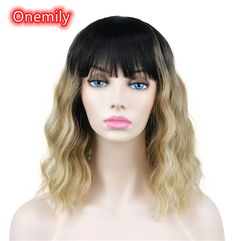 

Onemily Medium Length Curly Wavy Synthetic Fashion Wigs with Bangs for Women Girls Theme Party Evening Out Dating Fun 7 Colors