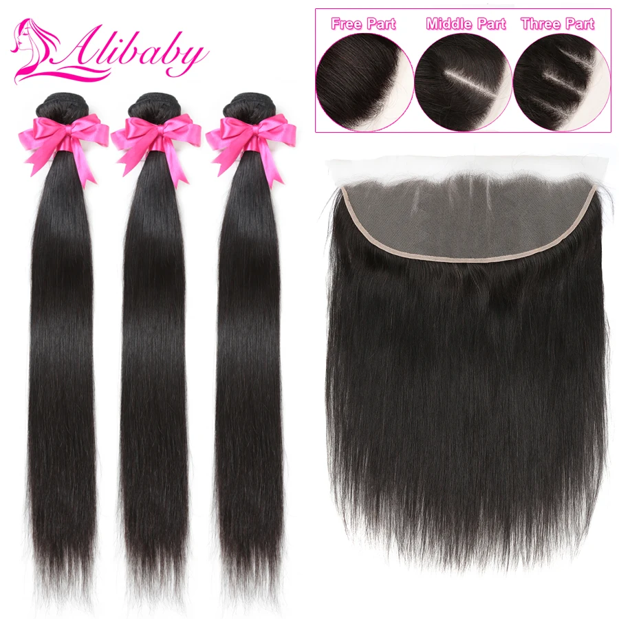 

Alibaby Straight Peruvian Hair Bundles With Closure Natural Color Human Hair Bundles With Frontal NonRemy 3 Bundles With Closure