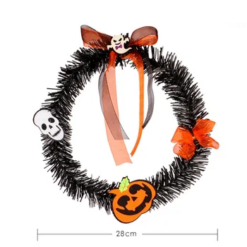 

Artificial Halloween Wreath Garland Plastic Ring With Cartoon Halloween Patches And Ribbon Bow