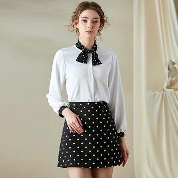 

Vintage Polka Dot White Blouses A Line Skirts Two Piece Women Long Sleeve Shirts Office Lady High Waist Mini Skirt 2 Piece Sets