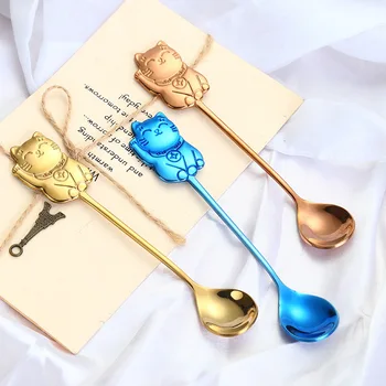 

4pcs/Set Lucky Cat Tea Spoon 304 Stainless Steel Rainbow Colorful Teaspoon Set Mini Gold Spoon Kitchen Accessories