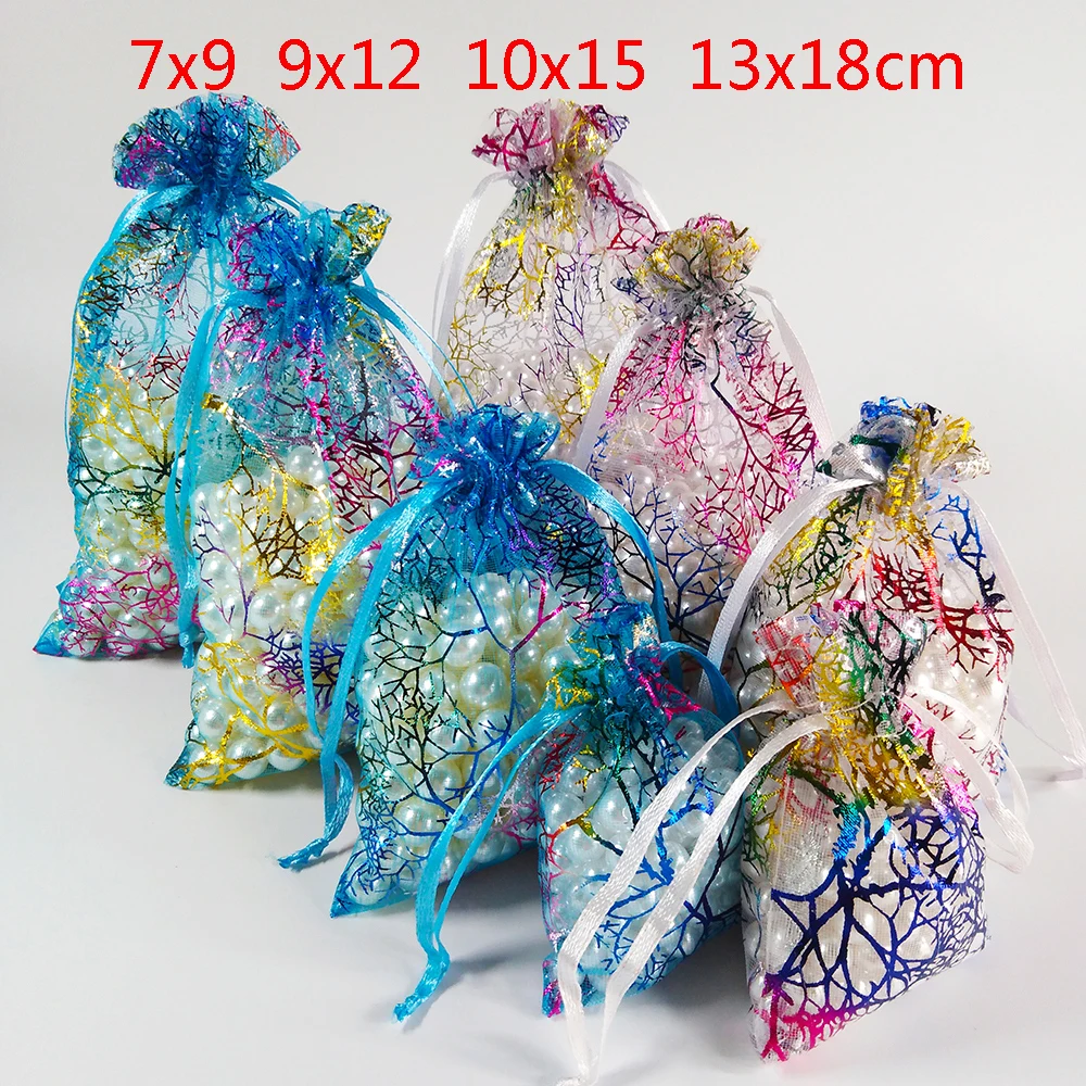 50 шт./лот 7x9 9x12 10x15 13x18 см цветные сумки из органзы на шнурке для упаковки ювелирных