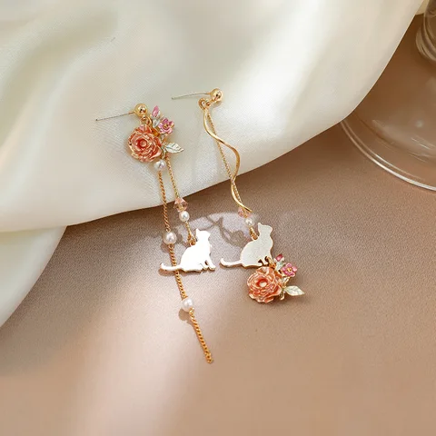 Girl's Heart Elegant Flower Cat Asymmetric Long Ear Pendant Female Mori Immortal Hipster Earrings Ear Stud