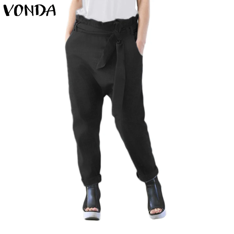 VONDA S-5XL, женские брюки,, женские повседневные свободные штаны с поясом размера плюс, комбинезоны с высокой талией, уличная одежда, Pantalon больше размера d - Цвет: Черный