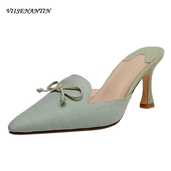 

Medieval French Pointed Stiletto Muller Shoes Stiletto Bow High Heel Sandals High Quality Fairy Style High Heels Slippers Women