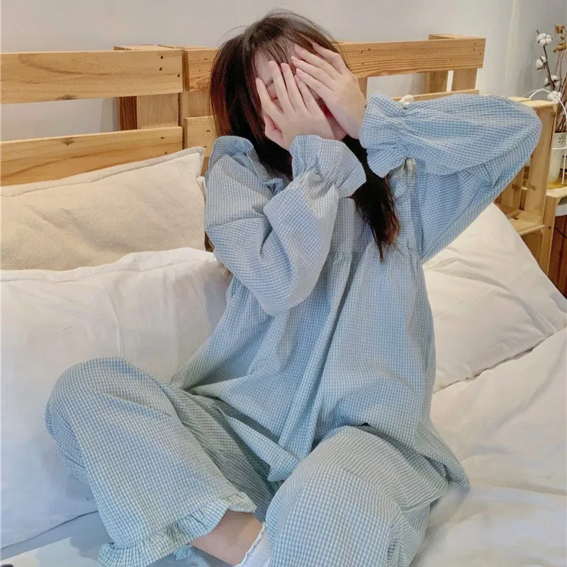 

green plaid sleepwear home clothes ruffles square collar long sleeve pants suit casual pajama set ladies 2pcs pijamas sweet L784